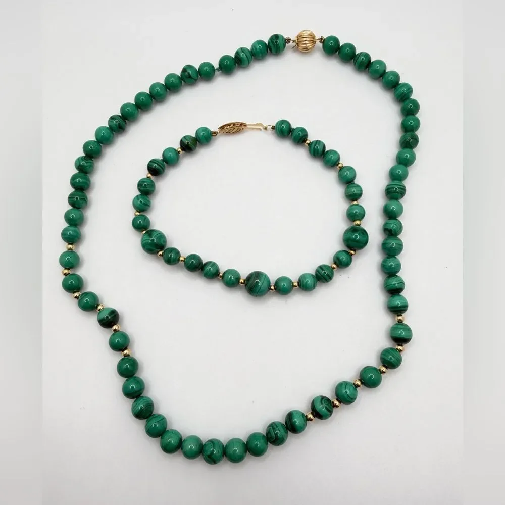 Vintage Malachite and 14kt gold beaded necklace/bracelet set‎ w/ 14kt YG clasps!